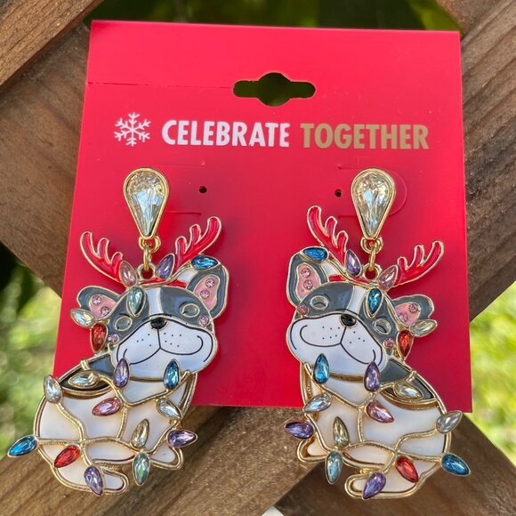 Celebrate Together Frenchie Holiday Lights Earrings Gold Tone - Picture 1 of 5